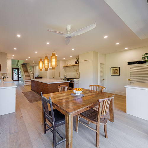image of beautiful luxury kitchen with neolith countertops and UA Floors flooring
